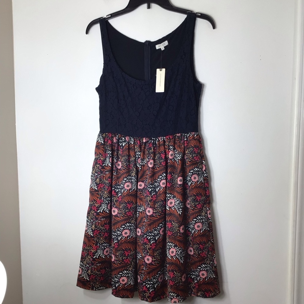 Anthropologie Navy Lace Top Floral Skirt Dress - Pink, Red, Green